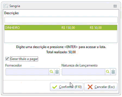 Sangria Sem Fornecedor Natureza de Lançamento e Descrição