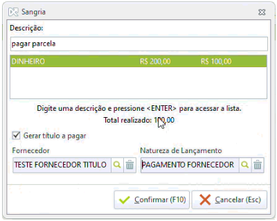 Sangria Com Fornecedor Natureza de Lançamento e Descrição