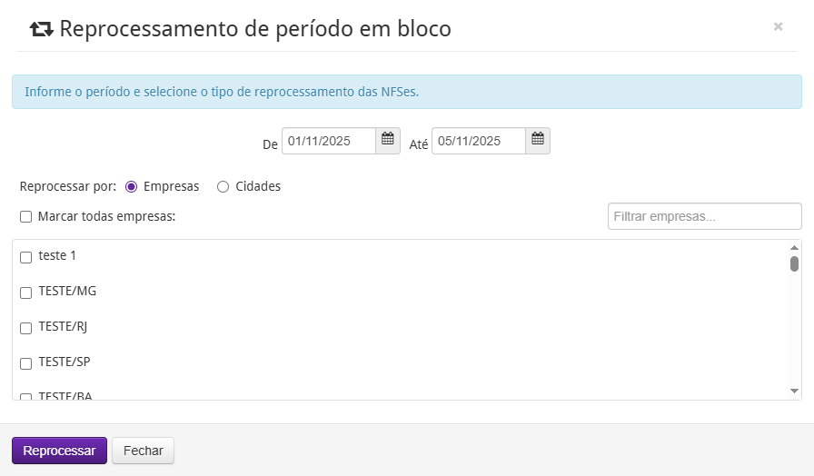 Reprocessamento de período em bloco por Empresas