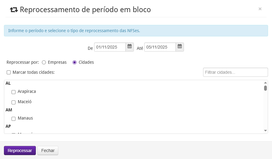 Reprocessamento de período em bloco por Cidades