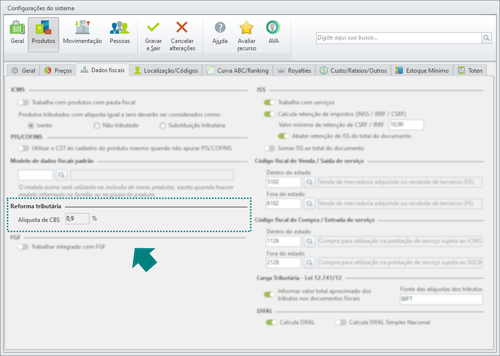Tela com o campo Reforma Tributária!